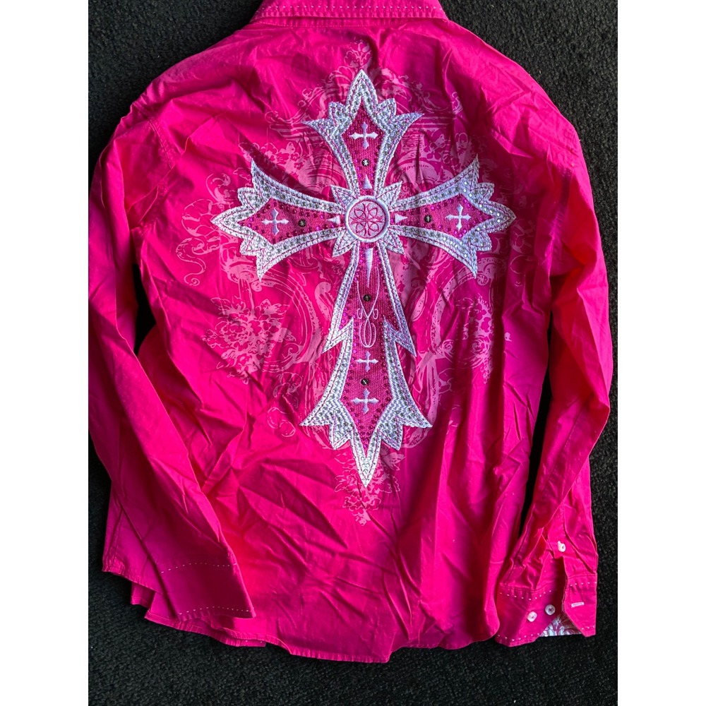 Victorious Los Angeles Mens Pink Embroidered Cross Button Down Shirt Medium